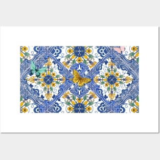 Mediterranean blue tiles, amalfi flowers and butterflies Posters and Art